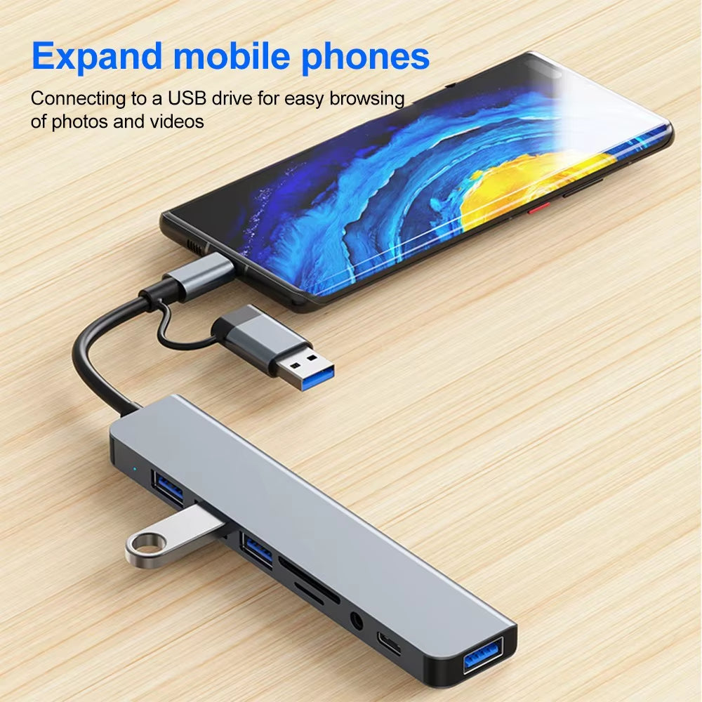 USB C Hub USB Hub 3.0, Aluminum 7 in 1 USB Extender, USB Splitter with 1 X USB 3.0, 4 X USB 2.0 and 2 X USB C Ports