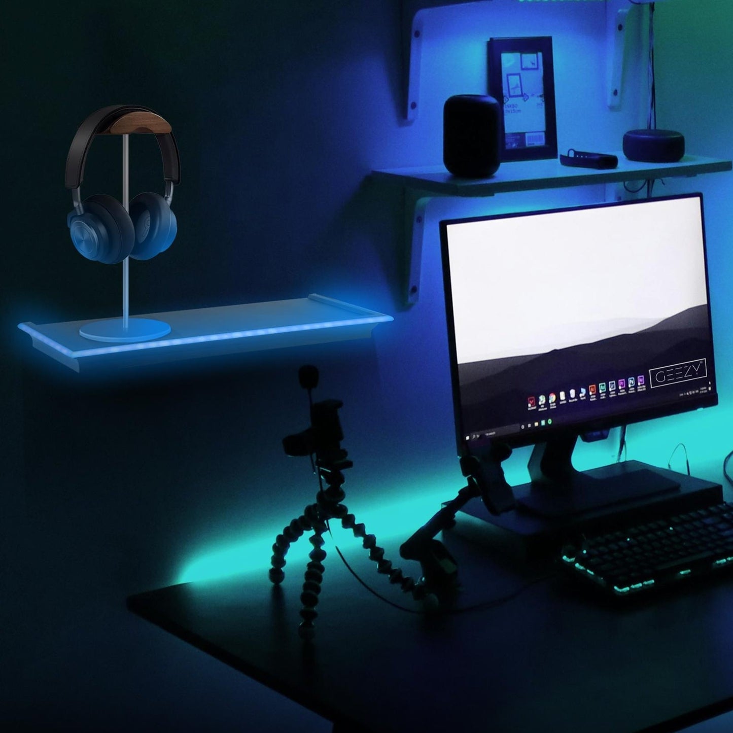 Black Floating Shelf Blue LED Neon Light Wall Mounted for Gaming Bedroom Display