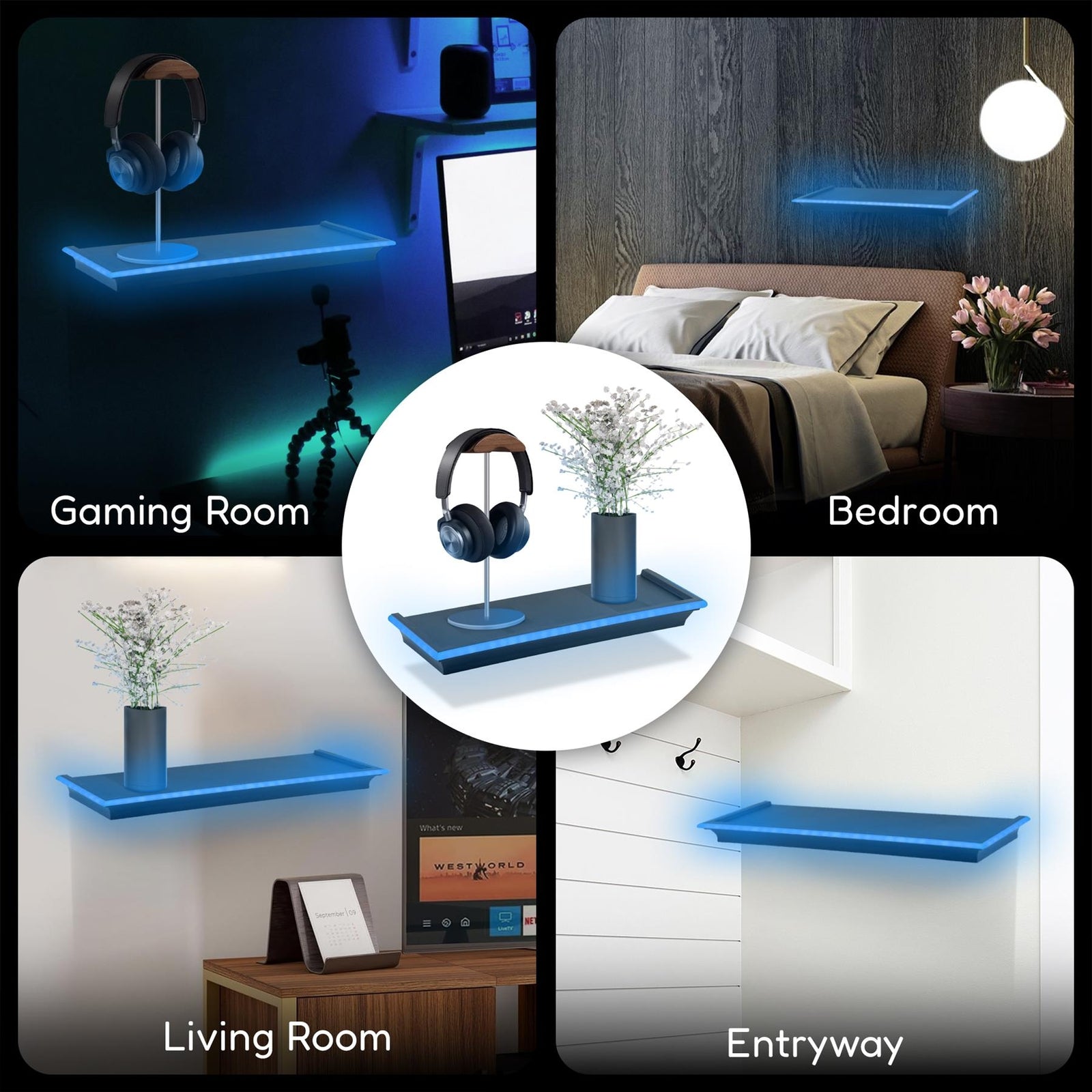 Black Floating Shelf Blue LED Neon Light Wall Mounted for Gaming Bedroom Display
