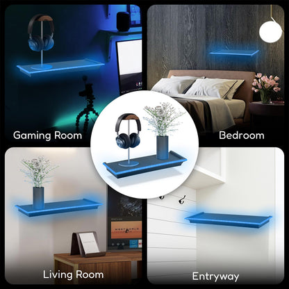 Black Floating Shelf Blue LED Neon Light Wall Mounted for Gaming Bedroom Display