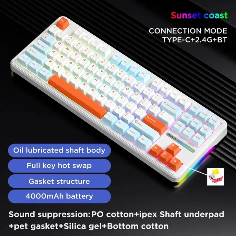 F87Pro Mechanical Keyboard 2.4G/Usb/Bluetooth Tri Mode Wireless 87 Key 5 Layer Silencing Filling Suitable for Gaming+Typing