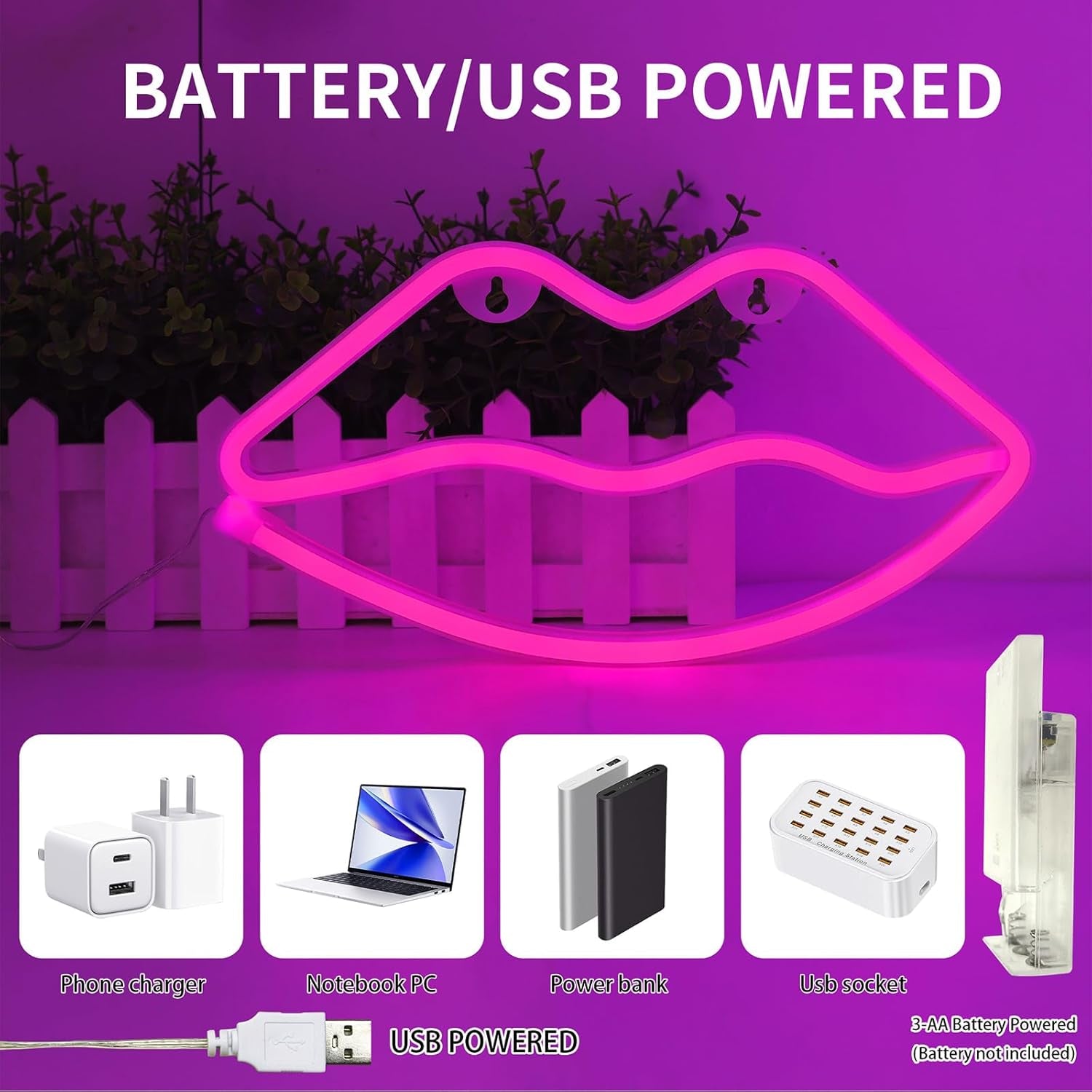 LED Lips Neon Light Sign Wall Light Battery/Usb Operated Light Blue Art Decorative Neon Lights Signs for Walls Light up Signs for Bedroom Walls Party(Pink)