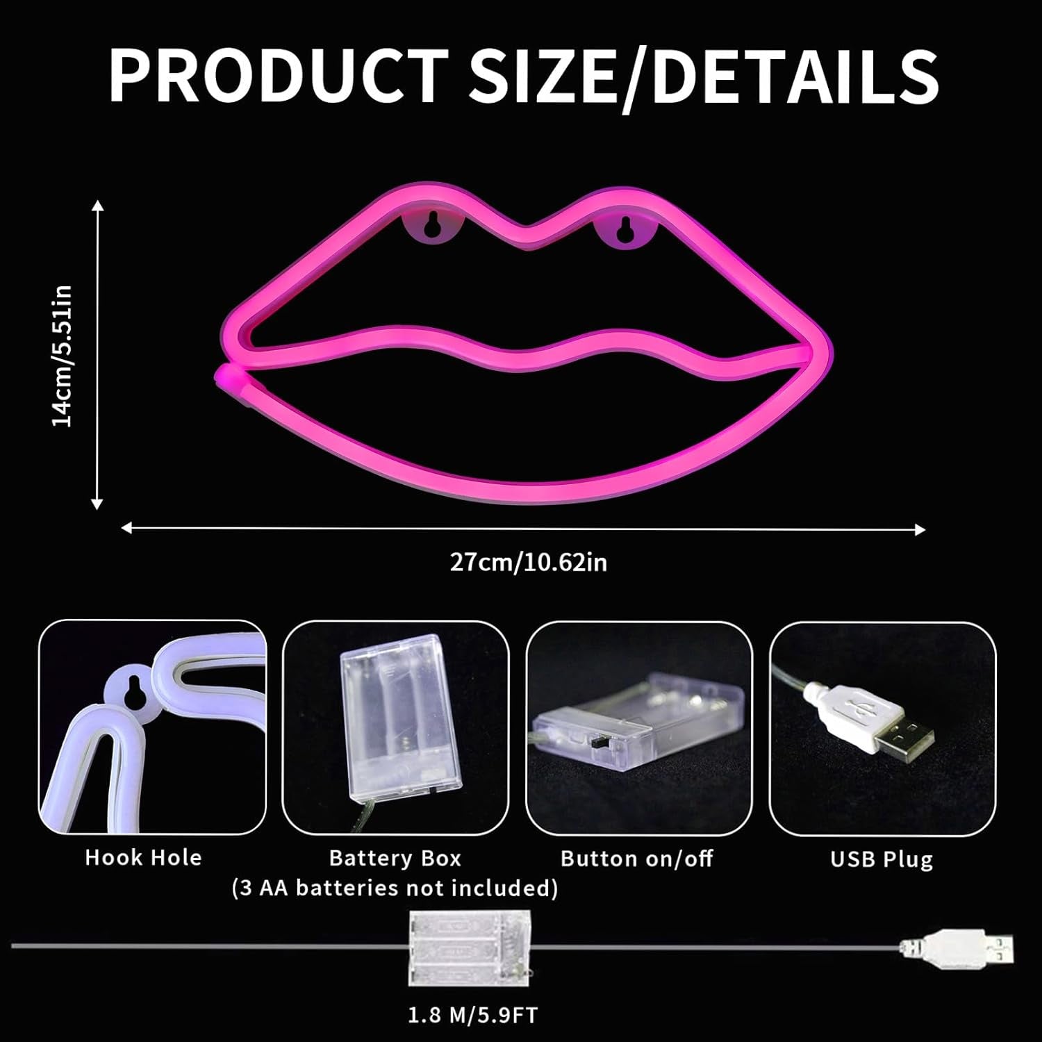 LED Lips Neon Light Sign Wall Light Battery/Usb Operated Light Blue Art Decorative Neon Lights Signs for Walls Light up Signs for Bedroom Walls Party(Pink)