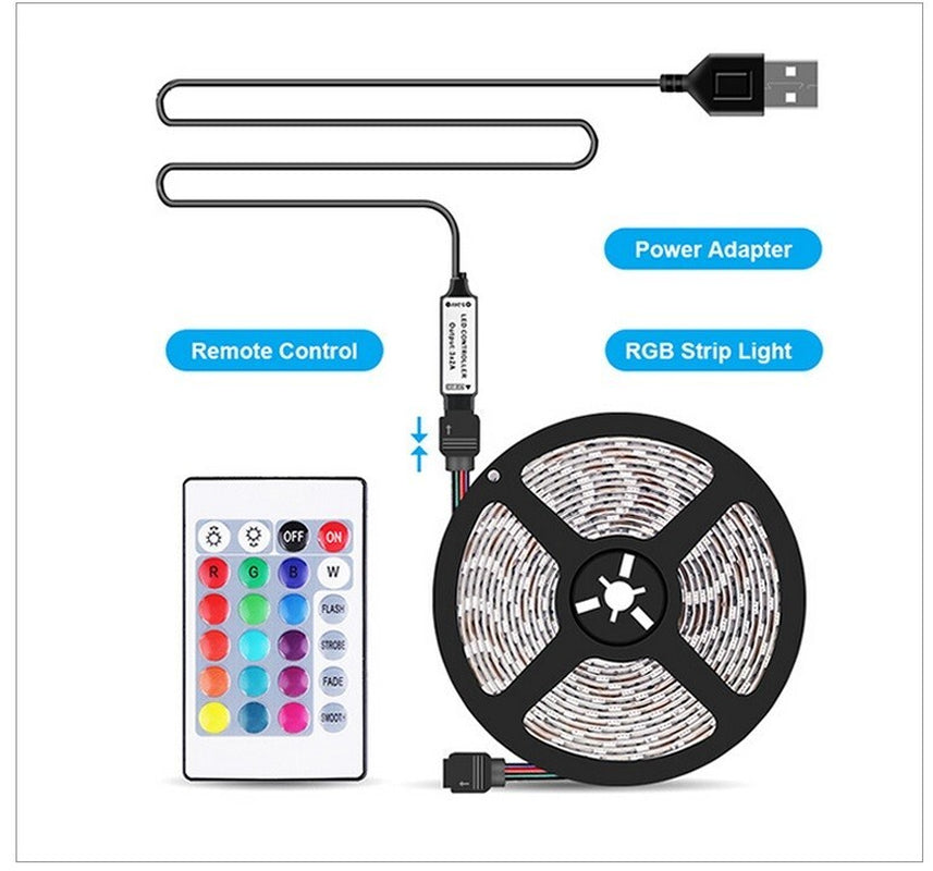 LED Strip Lights 5050 RGB Light Colour Changing Tape Cabinet TV USB Remote Xmas
