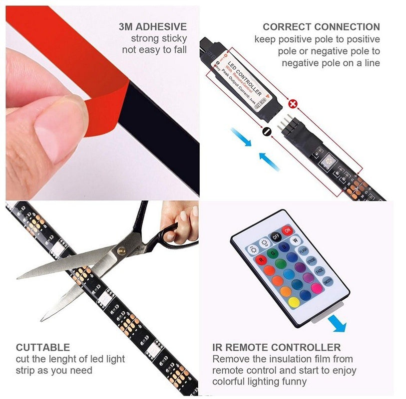 LED Strip Lights 5050 RGB Light Colour Changing Tape Cabinet TV USB Remote Xmas