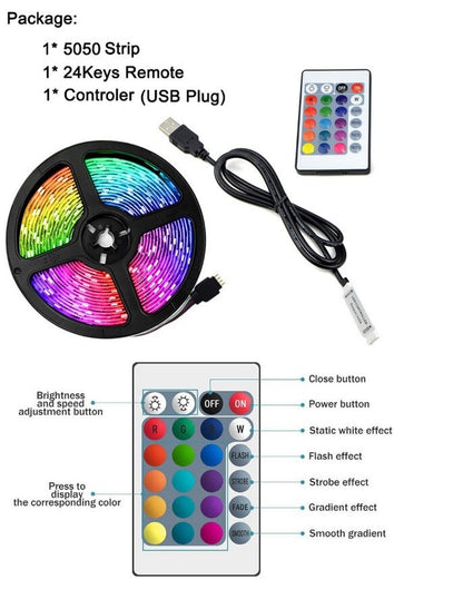 LED Strip Lights 5050 RGB Light Colour Changing Tape Cabinet TV USB Remote Xmas
